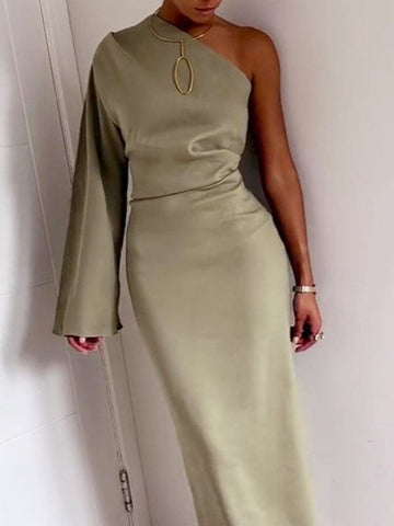Woochic robe longue moulante une épaule fendu le côté élégant de soirée Vert clair S